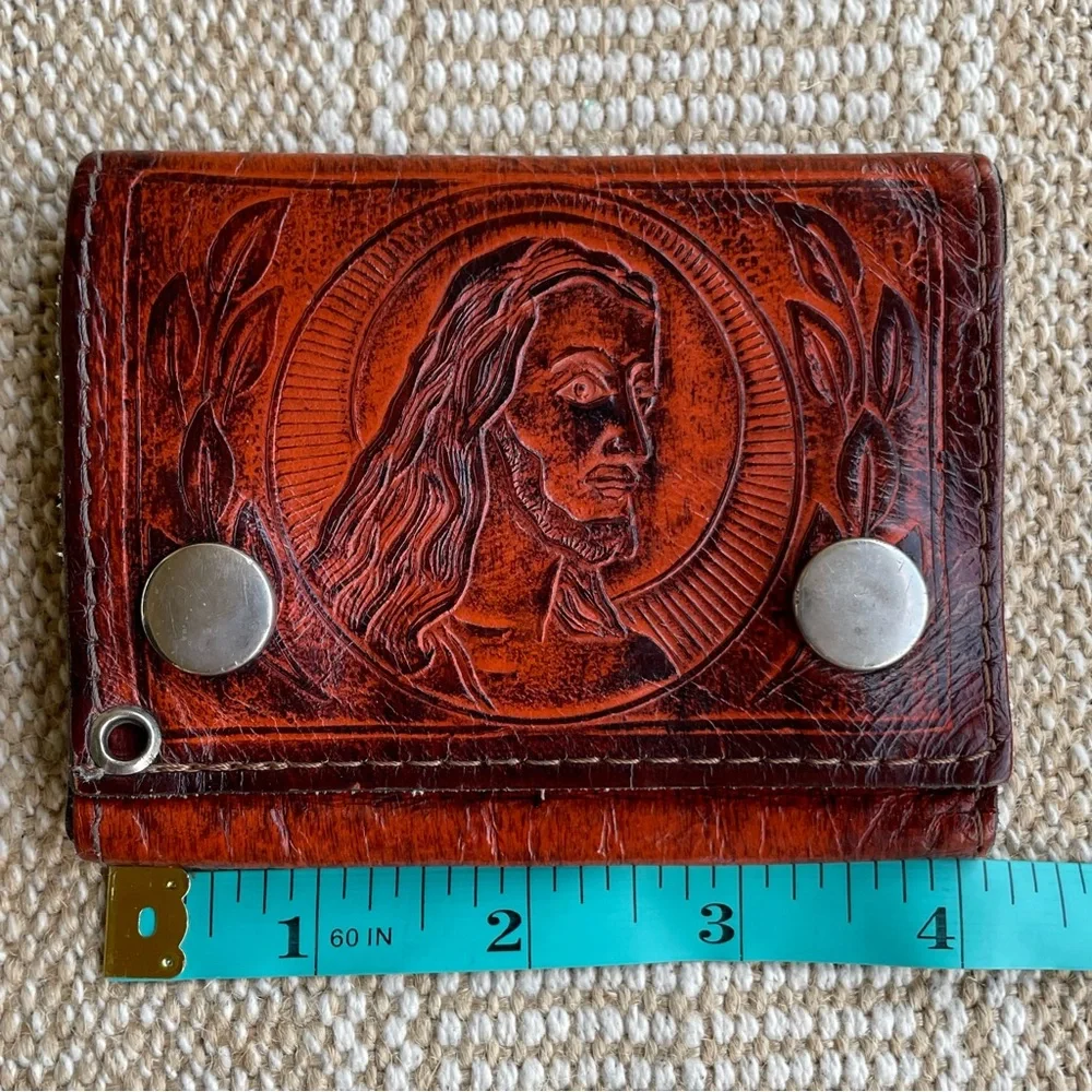 Vintage Brown Tooled Leather Jesus Trifold Wallet Snaps Men’s Made in U.S.A.